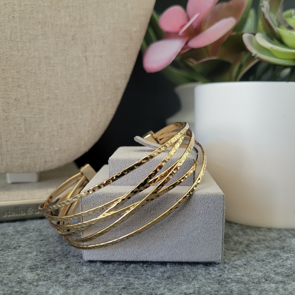 Multi-Strand Hammered Gold-Tone Cuff Bracelet 7.25" Modern Boho Statement
